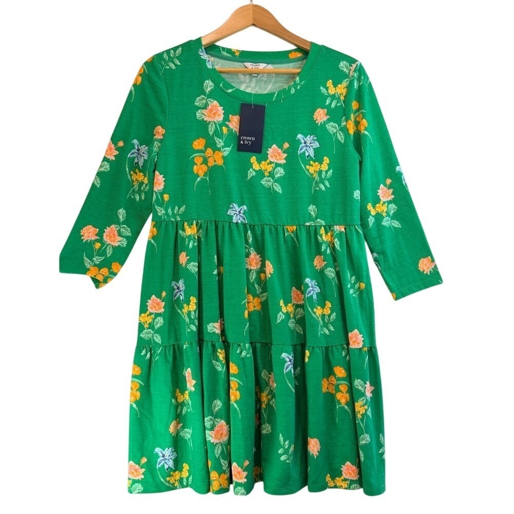 Crown & Ivy Floral Tiered Dress Kids Large Green Terry 3/4 Sleeve New With Tags